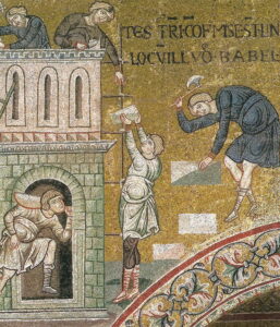 Construction de la tour de Babel Gn11 A28 Mosaïque byzantine Monreale 2