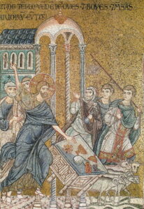 Jésus chasse les vendeurs du temple Lc19 B16 Mosaïque byzantine Monreale