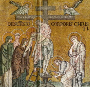 Jésus descendu de croix Déposition Mt27 32 Mosaïque byzantine Monreale