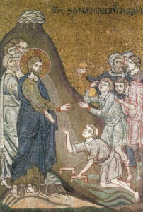 Jésus guérit des estropiés et des aveugles Mt15 B17 Mosaïque byzantine Monreale