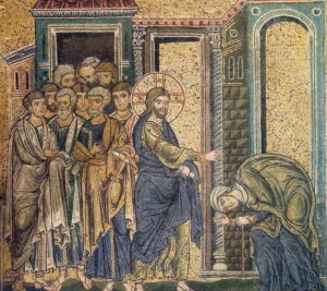 Jésus guérit la femme courbée Lc13 B12 Mosaïque byzantine Monreale