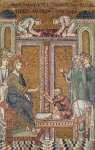 Jésus guérit le paralytique passé par le toit Mc2 B17 Mosaïque byzantine Monreale
