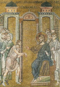 Jésus guérit l’homme à la main sèche Lc6 B3 Mosaïque byzantine Monreale