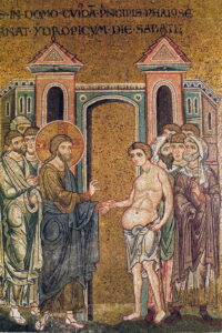 Jésus guérit l’homme hydropique Lc14 B13 Mosaïque byzantine Monreale