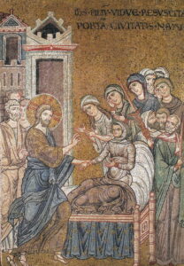 Jésus redonne vie au fils de la veuve Lc7 B5 Mosaïque byzantine Monreale