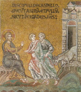 Les disciples amènent deux ânes Mt21 23 Mosaïque byzantine Monreale