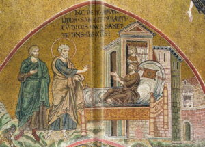 Pierre guérit Enéas le paralytique Ac9 N6 Mosaïque byzantine Monreale