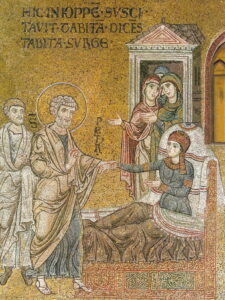 Pierre rend la vie à Tabitha Ac9 N6 Mosaïque byzantine Monreale