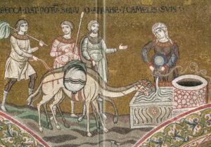 Rébecca désaltère les chameaux du serviteur d’Isaac Gn24 Mosaïque byzantine Monreale 2