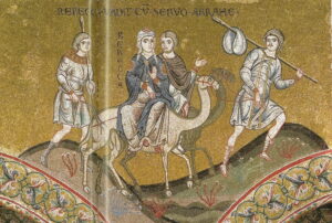 Rébecca part avec le serviteur d’Isaac Gn24 A36 Mosaïque byzantine Monreale